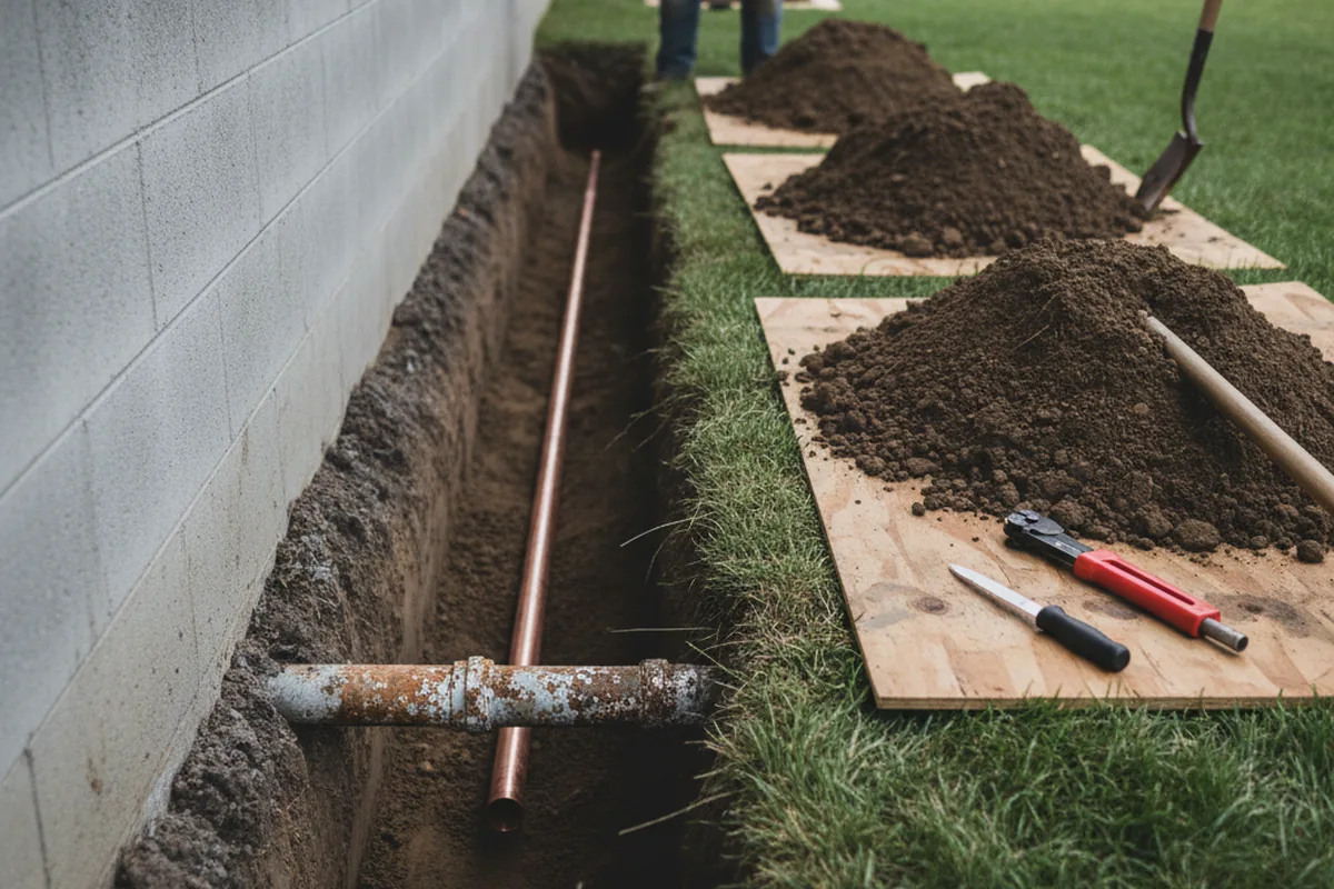 Excavated water line trench during Water Heater Repair in Wharton